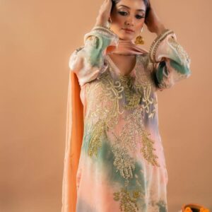 Peach Tie Dye Full Suit With Organza Dupatta