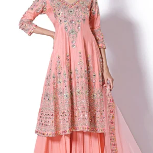 PEACH EMBROIDERED ZARI SHARARA SUIT