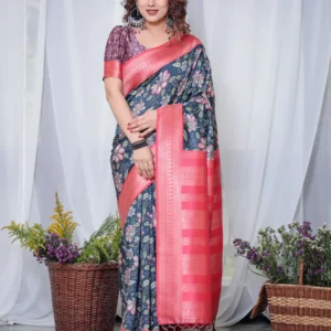 Pure Banarasi Digitally Printed Silk Saree Weaved With Zari Comes With Tassels.