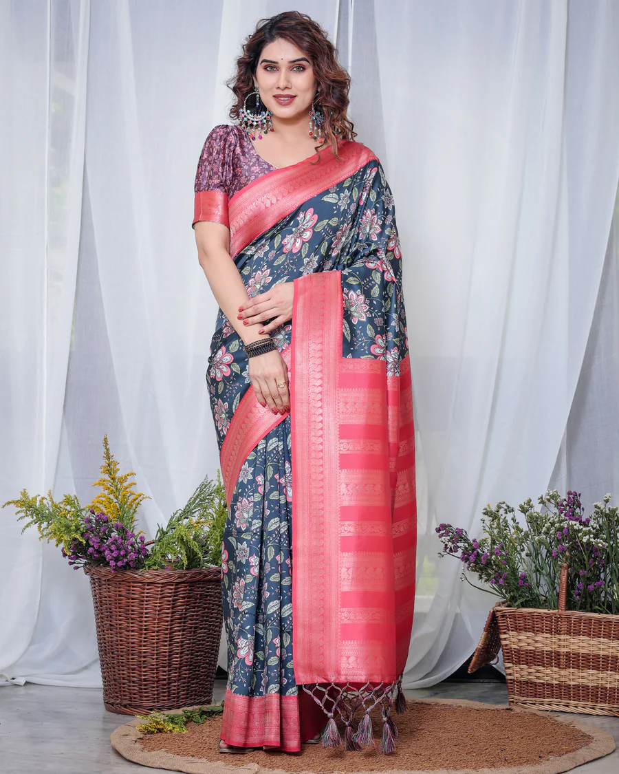 Pure Banarasi Digitally Printed Silk Saree Weaved With Zari Comes With Tassels.