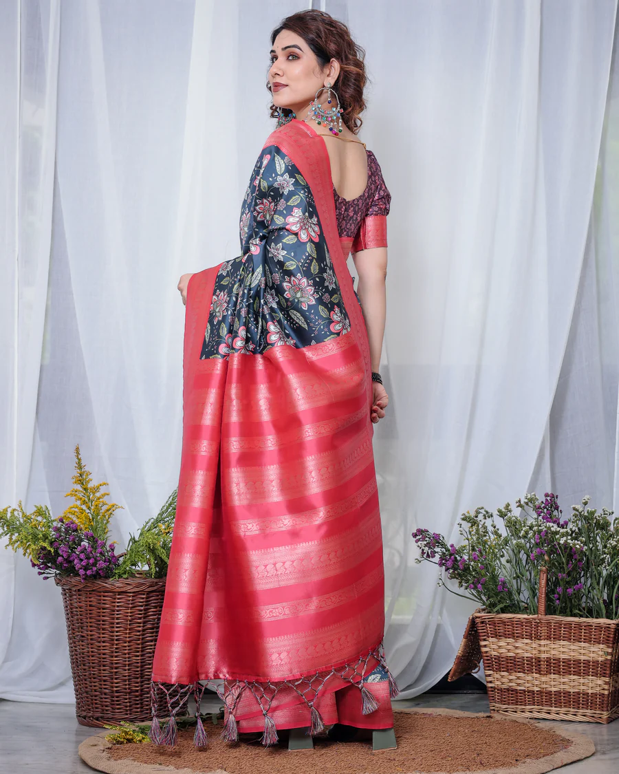 Pure Banarasi Digitally Printed Silk Saree Weaved With Zari Comes With Tassels.