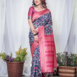 Pure Banarasi Digitally Printed Silk Saree Weaved With Zari Comes With Tassels.