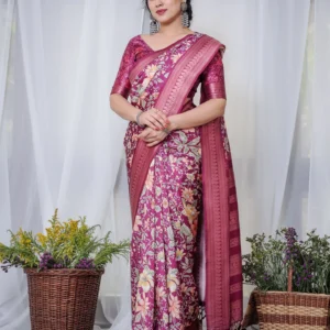 Pure Banarasi Digitally Printed Silk Saree Weaved With Zari Comes With Tassels.