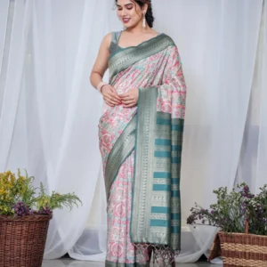Pure Banarasi Digitally Printed Silk Saree Weaved With Zari Comes With Tassels.