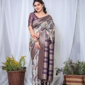 Pure Banarasi Digitally Printed Silk Saree Weaved With Zari Comes With Tassels.