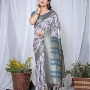 Pure Banarasi Digitally Printed Silk Saree Weaved With Zari Comes With Tassels