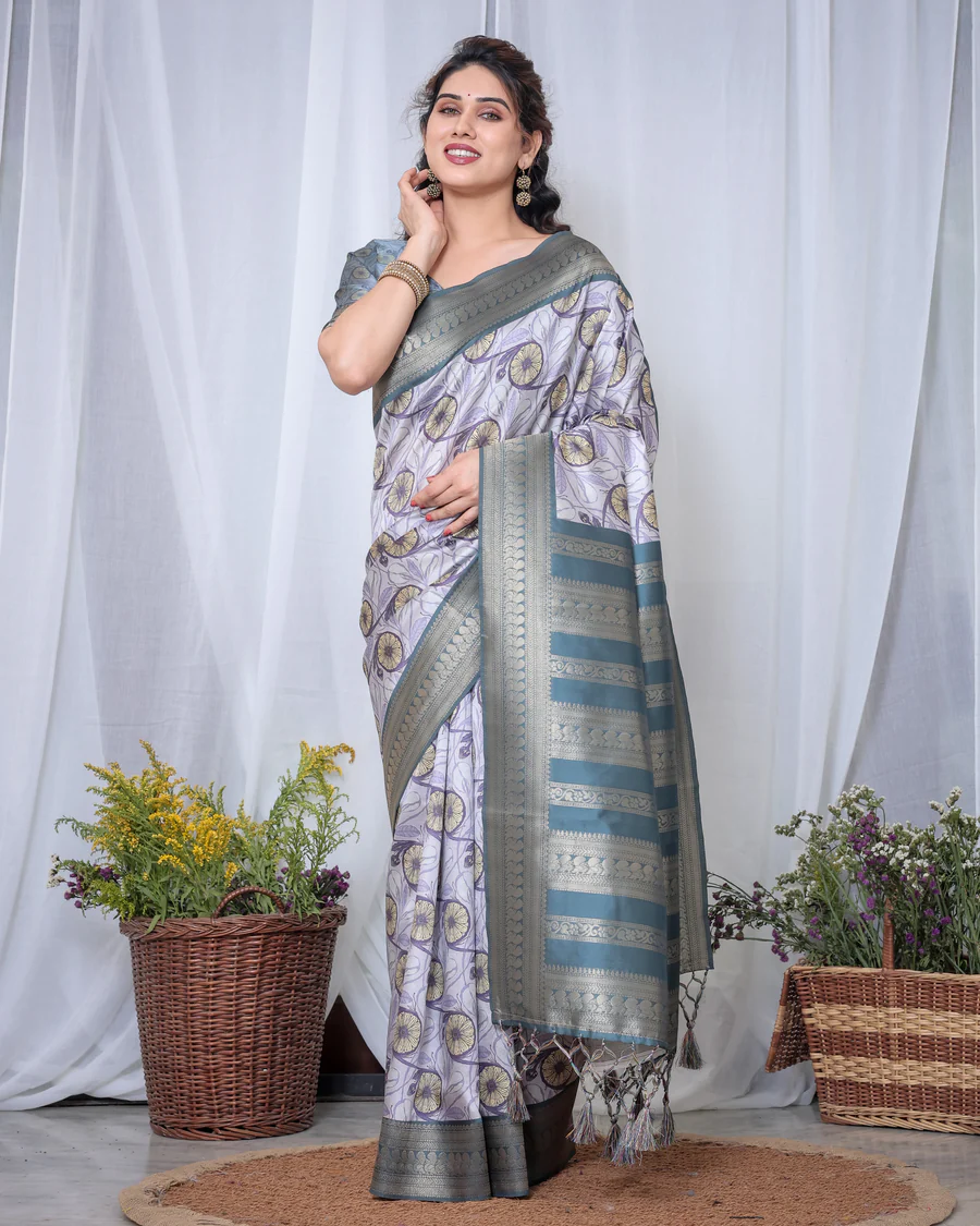 Pure Banarasi Digitally Printed Silk Saree Weaved With Zari Comes With Tassels