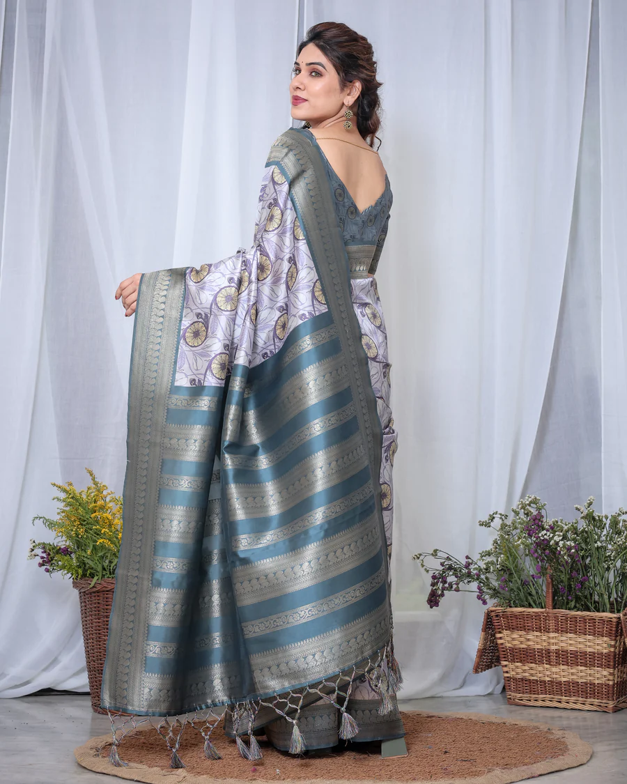 Pure Banarasi Digitally Printed Silk Saree Weaved With Zari Comes With Tassels