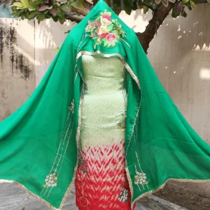 Lemon Green Tie Dye Full Suit With Bottle Green Chinon Chiffon Dupatta