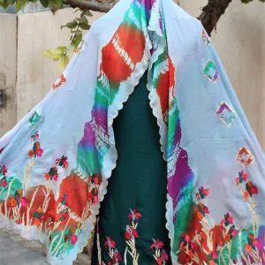 Bottle Green Full Suit With Chinon Chiffon Tie Dye Dupatta