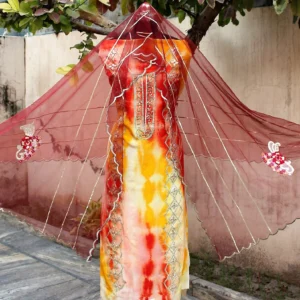 Light Yellow Tie Dye Full Suit With Net Dupatta