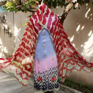 Blueish Gray Tie Dye Full Suit With Pure Chiffon Tie Dye Dupatta