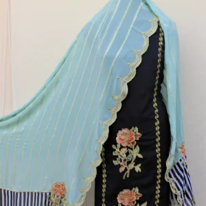 Black Full Suit With Light Sky Georgette Chiffon Dupatta
