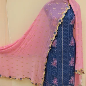 Blue Full Suit With Pink Georgette Chiffon Dupatta