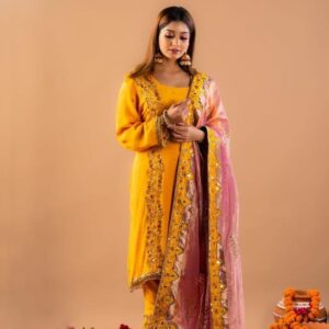 Yellow Full Suit With Onion Pink Tissue Organza Dupatta
