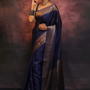 Blue Pure Kanjivaram Silk Weaved With Copper Zari Comes With Heavy Kanjivaram Brocade Blouse