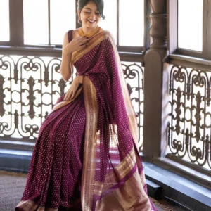 Wine Pure Kanjivaram Silk Weaved With Copper Zari Comes With Heavy Kanjivaram Brocade Blouse
