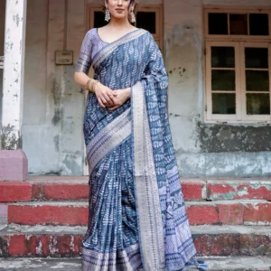 Pure Silk Digitally Printed Saree Weaved With Golden Zari Comes With Tassels