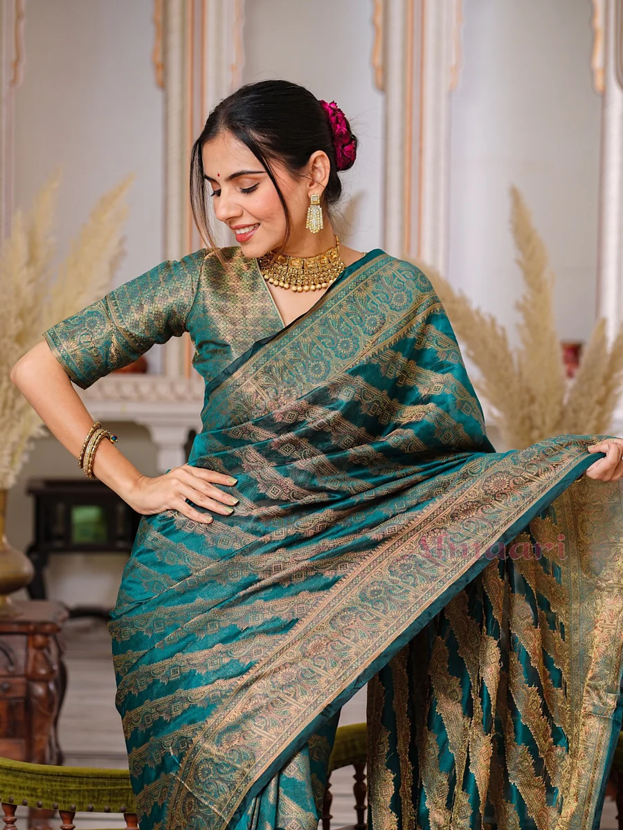 Rama Color Pure Organza Saree Adorned with Zari Weaving, Complete with Matching Blouse Piece