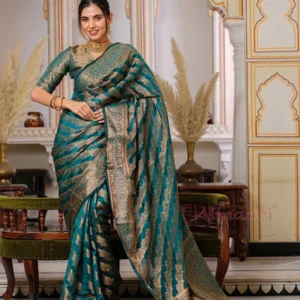 Rama Color Pure Organza Saree Adorned with Zari Weaving, Complete with Matching Blouse Piece