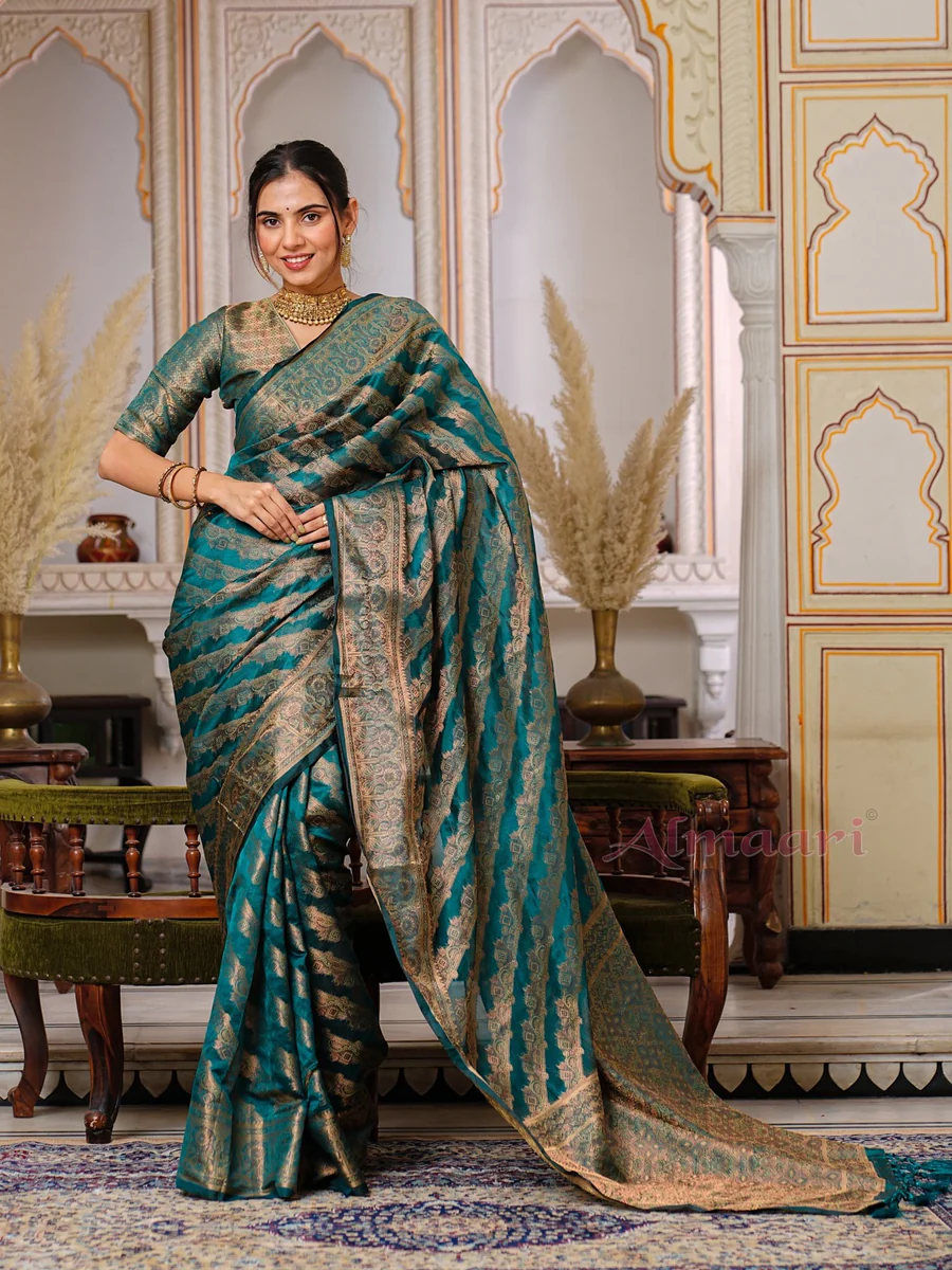 Rama Color Pure Organza Saree Adorned with Zari Weaving, Complete with Matching Blouse Piece