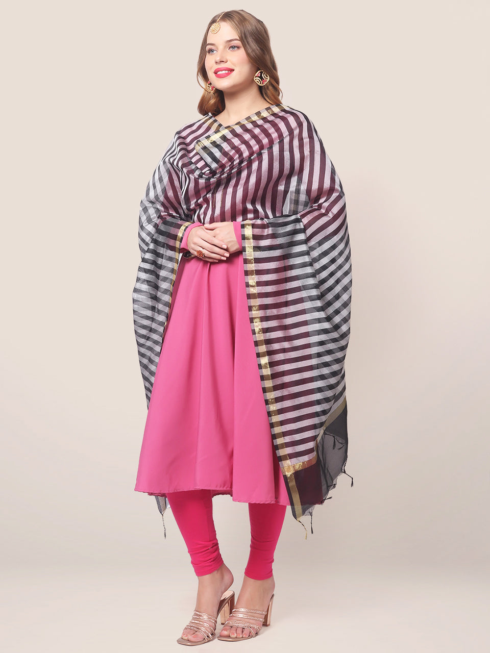 Blended Silk Dupatta with Black and Silver stripes