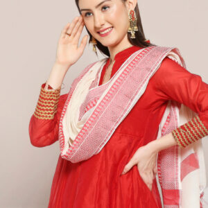 Off White Handloom Cotton Dupatta with Red border