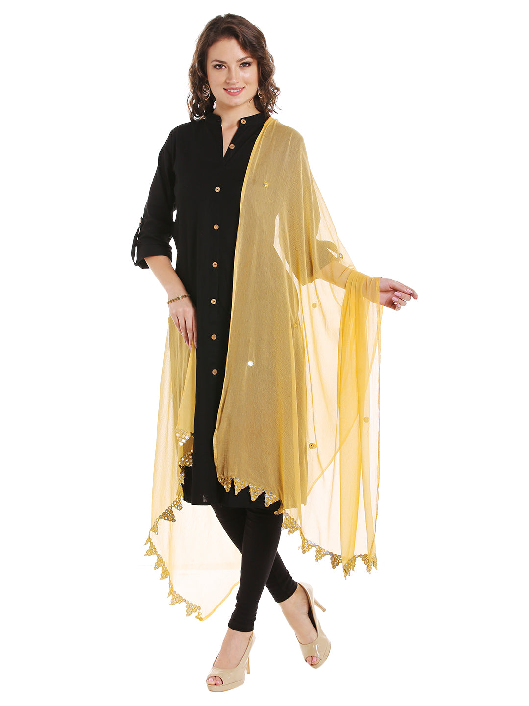 Dupatta Bazaar Women's Beige Chiffon Dupatta with Mirror work.