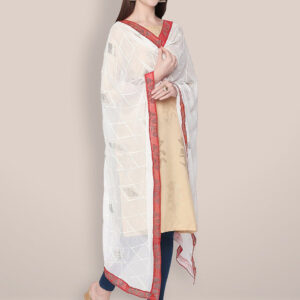 White & Red Chiffon dupatta with Embroidery & Baadla Work.
