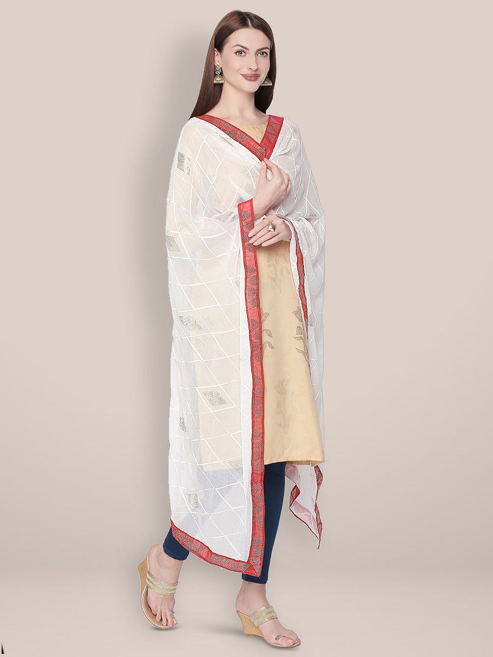 White & Red Chiffon dupatta with Embroidery & Baadla Work.