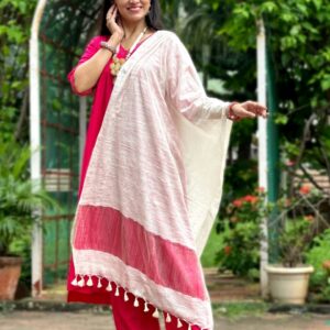Cream Linen Dupatta with Organza Border and Tassels
