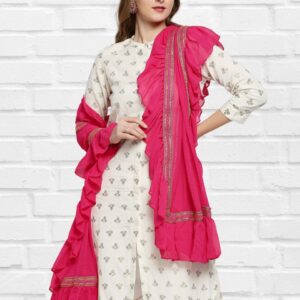Rani Pink Chiffon dupatta with Ruffles & Lace border