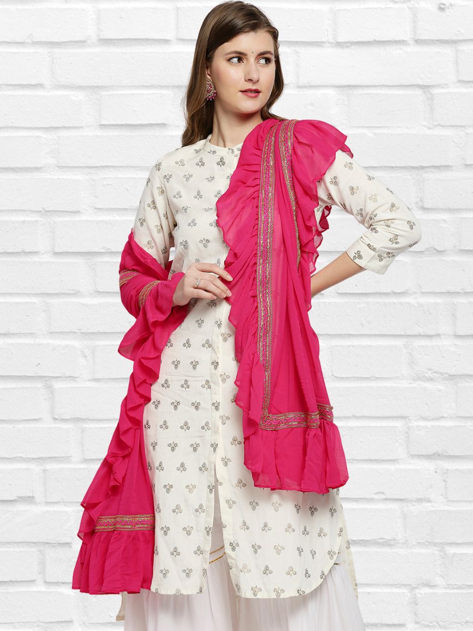 Rani Pink Chiffon dupatta with Ruffles & Lace border