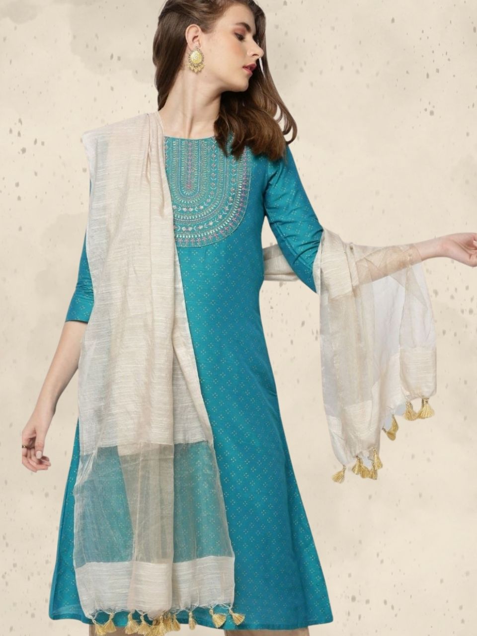 Linen Dupatta with Organza Border and Tassels