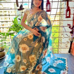 Printed Rama Green Organza Dupatta with Embellished border