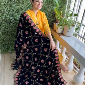 Black Velvet Dupatta with Pink Jaal Embroidery