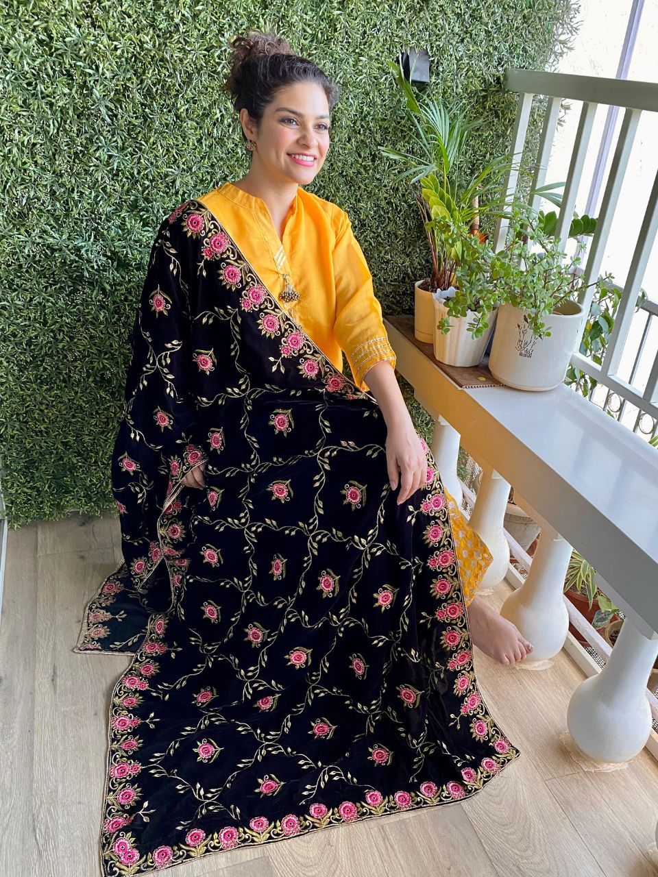 Black Velvet Dupatta with Pink Jaal Embroidery