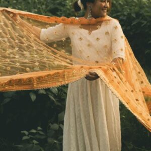 Peach Bridal Sada Saubhagyawati Bhav Net Dupatta with heavy Border
