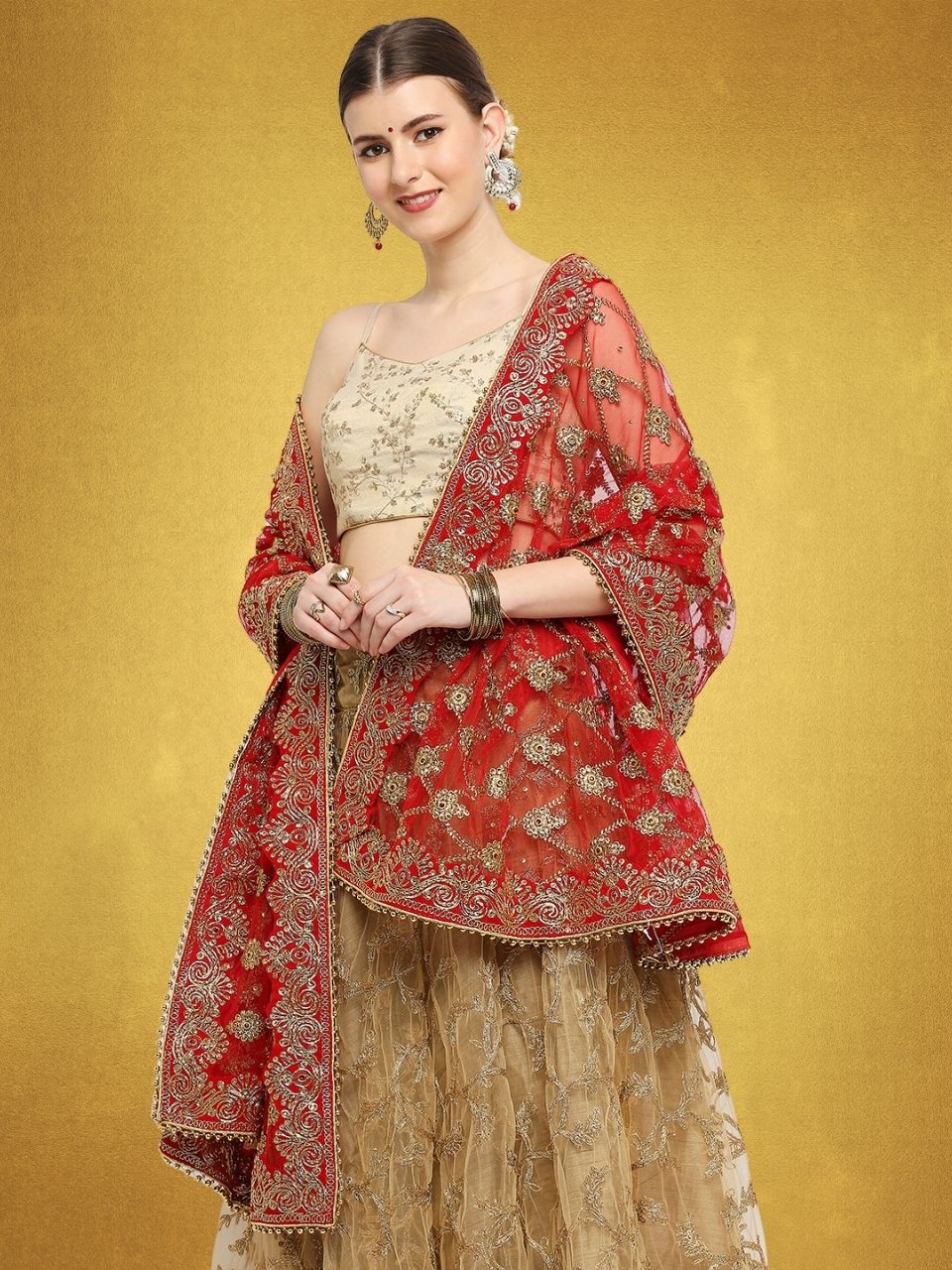 Embroidered Bridal & Wedding Wear Net Red Dupatta