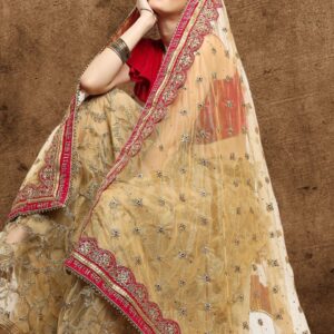 Gold Bridal Sada Saubhagyawati Bhav Net Dupatta with heavy Magenta Border