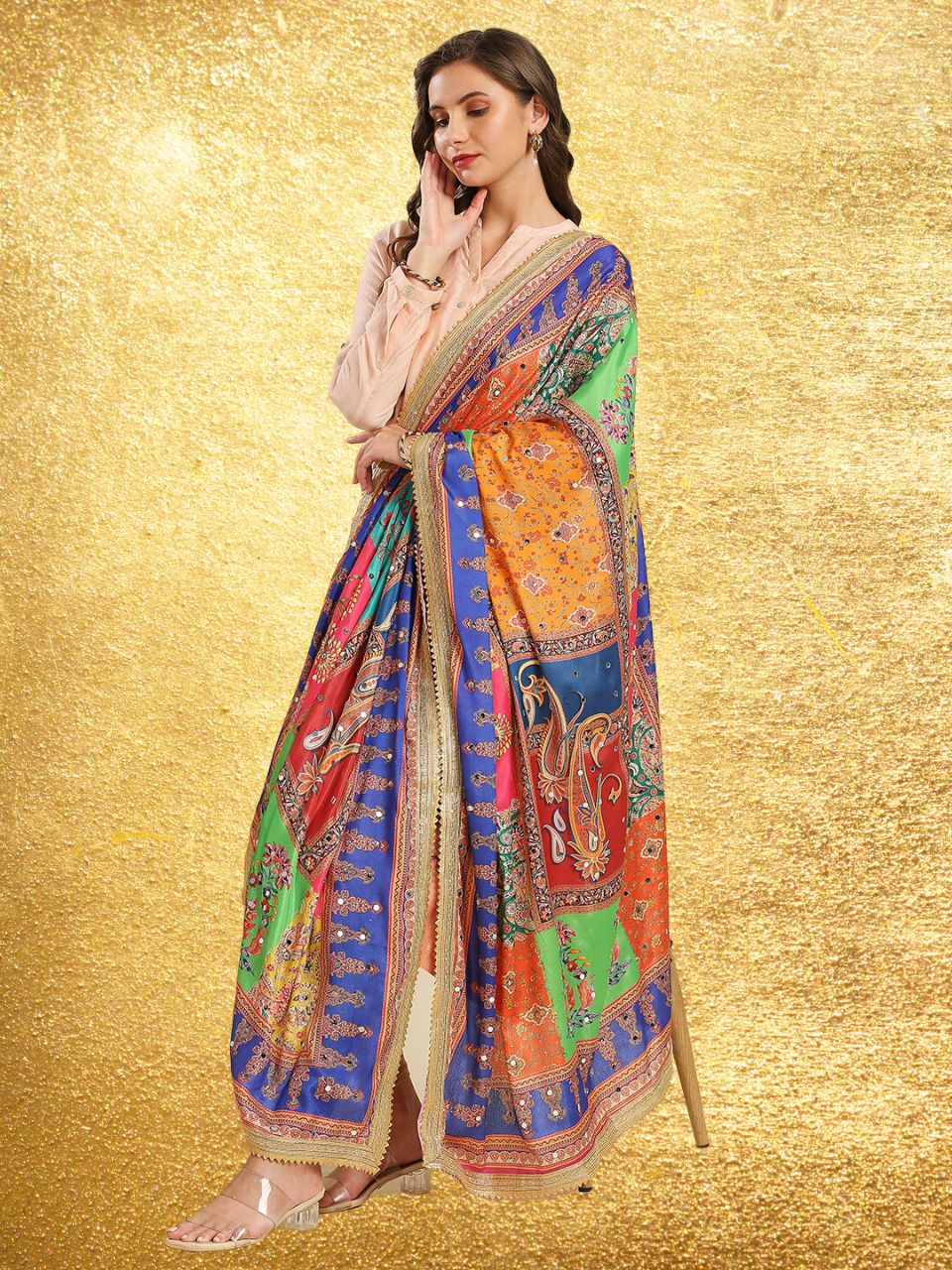 Multicolour Digitally Printed Pakistani Mirror Work Dupatta